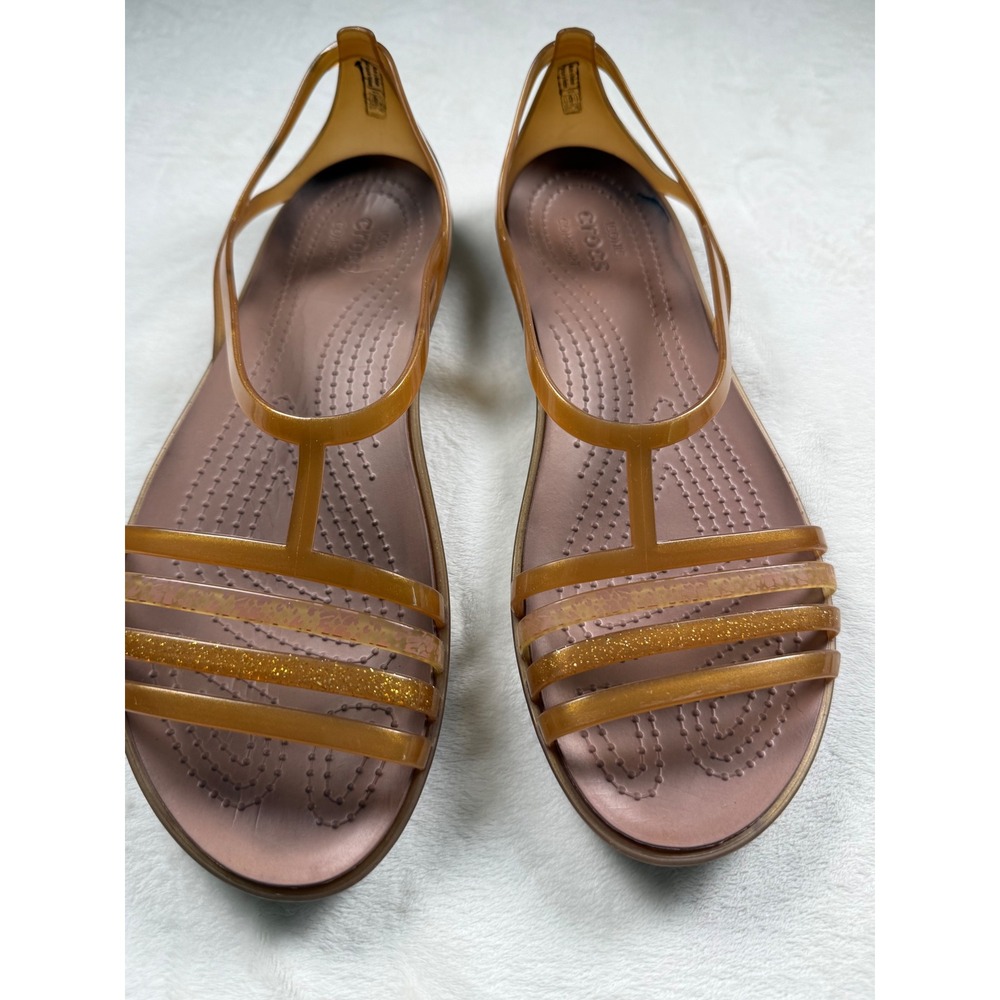 Crocs Isabella Strappy Sandals‎ Bronze Amber Glitter Jelly Flats Womens 10